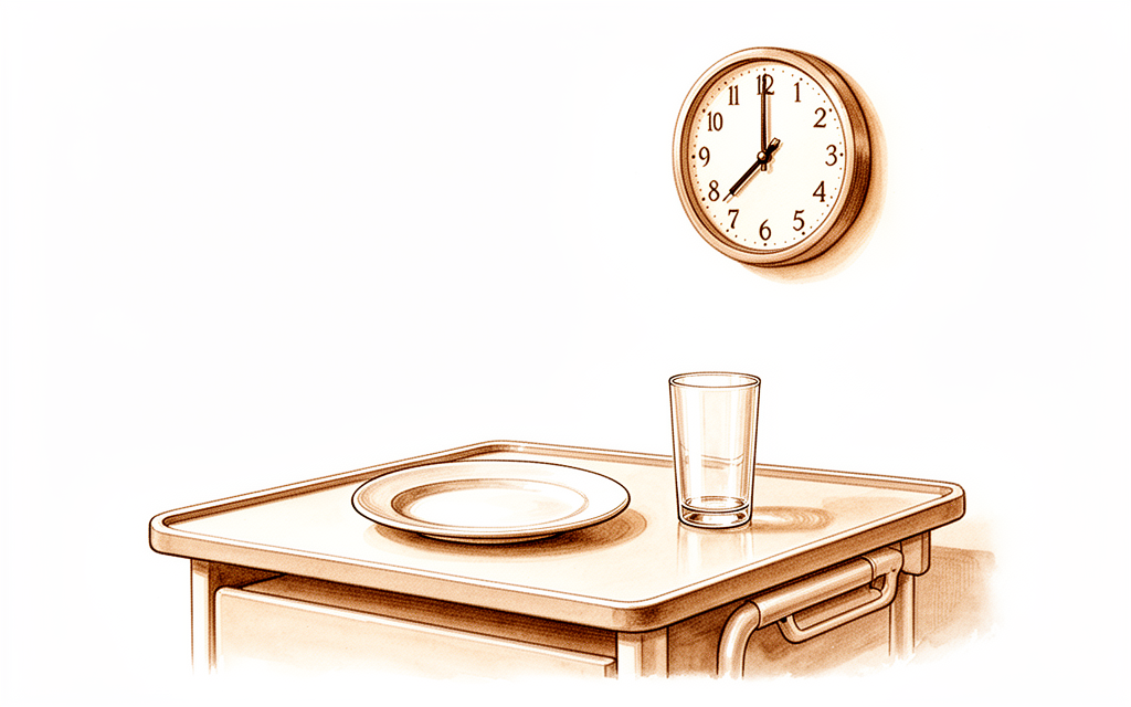Illustration of an empty plate and glass beside a clock, showing fasting before surgery.