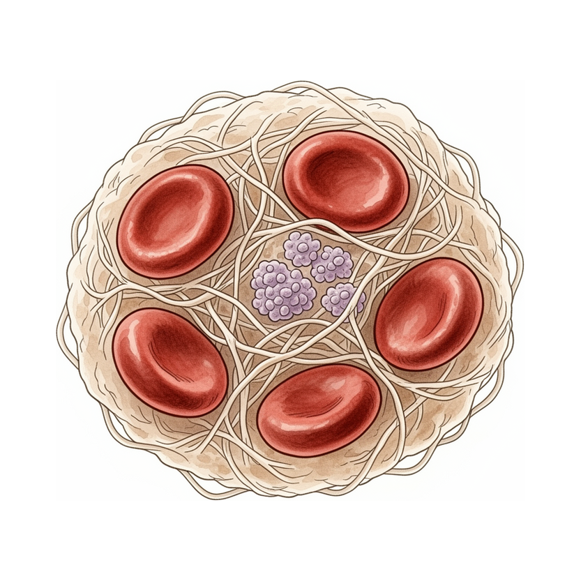 Illustration of a blood clot — red cells caught in a mesh of fibrin threads around a clump of platelets.