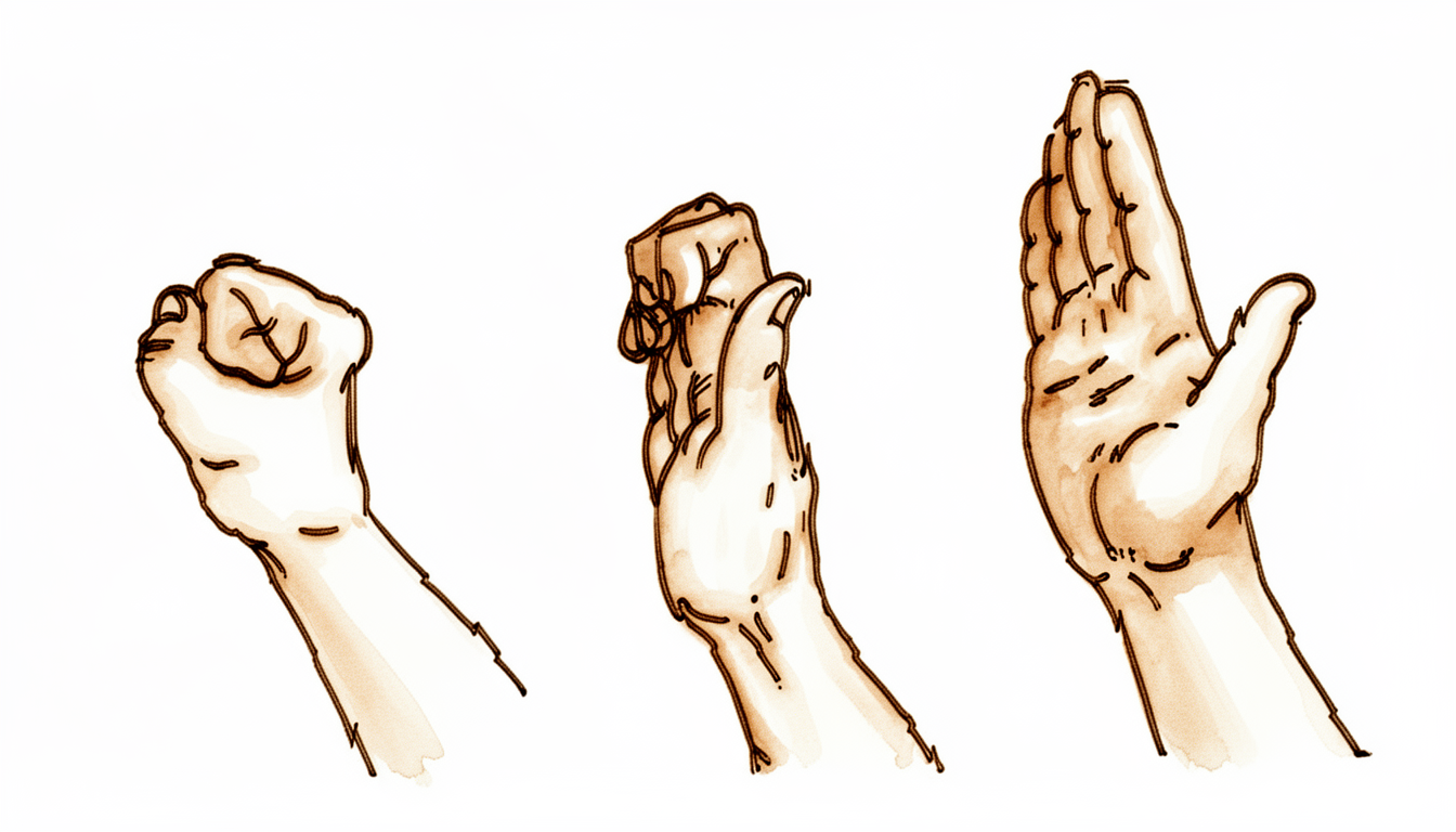 Three hand positions: a loose fist, a hook, then fingers straightened and spread.