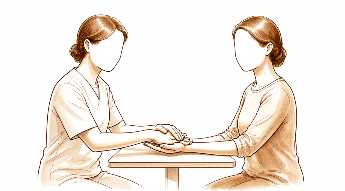 Illustration of a hand therapist massaging the palm of an open hand on a table.