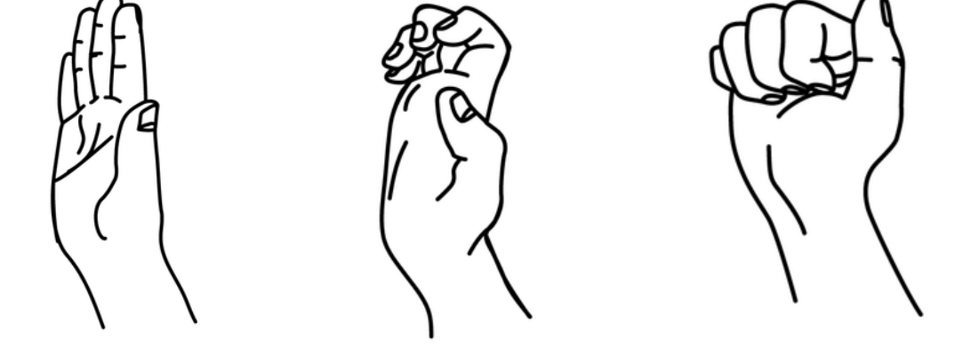Three hand positions in sequence: fingers fully straight, hook position, tight fist with the thumb over the fingers.