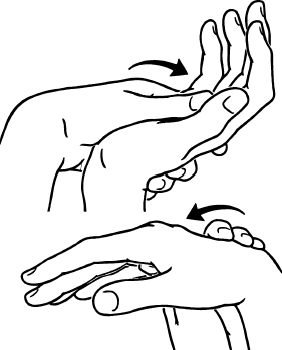 Push the wrist back so the fingers point up, then the other way so they point down, using the other hand.