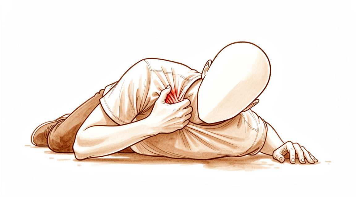 A hand-drawn illustration of a faceless person who has fallen onto the ground onto their shoulder, holding their collarbone in pain.