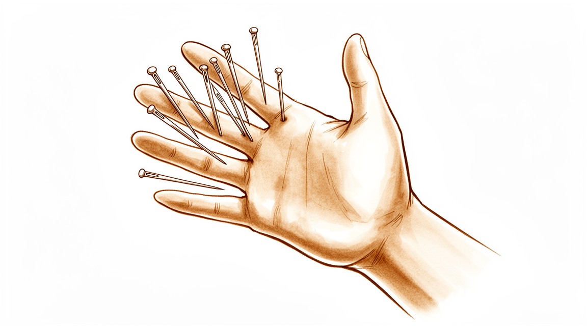 A hand-drawn illustration of a hand with pins-and-needles numbness in the fingers.