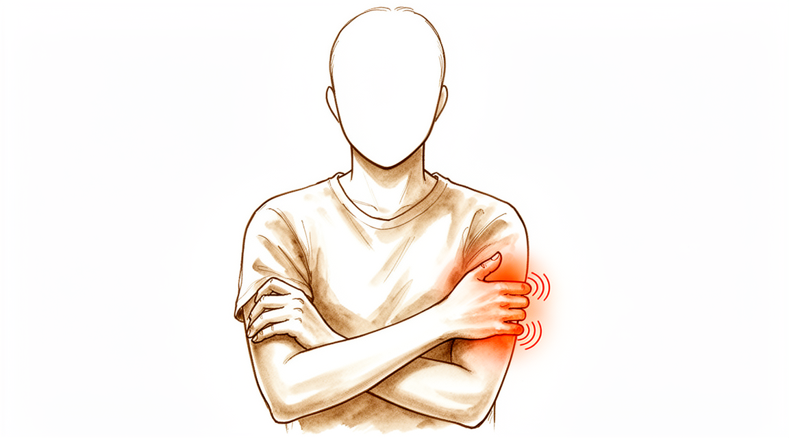 Illustration of the inner elbow showing the ulnar nerve passing behind the bony bump (medial epicondyle) through the cubital tunnel.