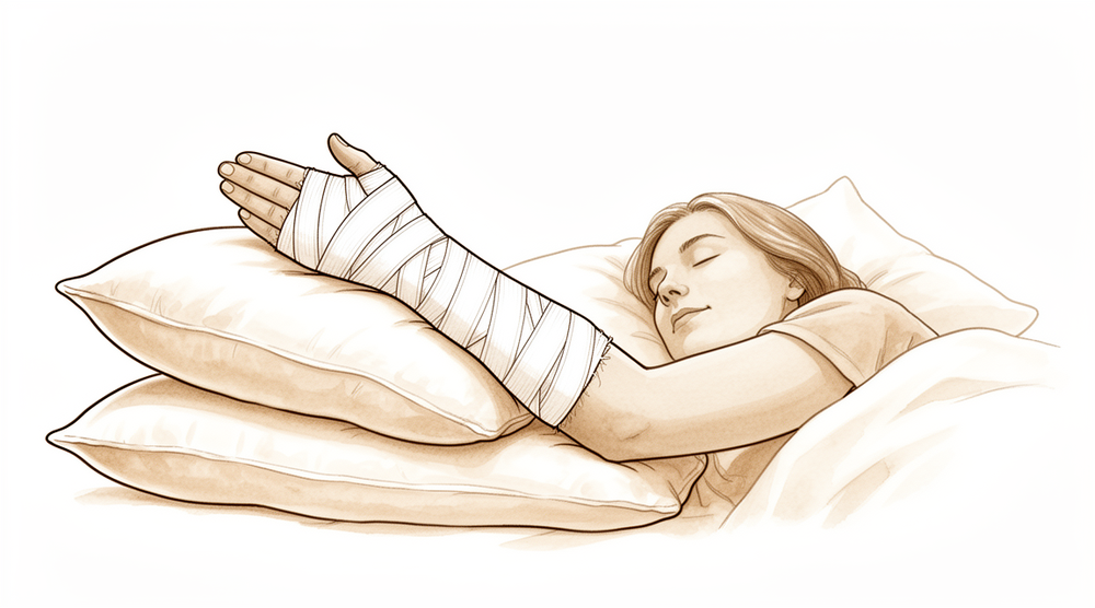A bandaged hand propped up on pillows above the level of the heart.