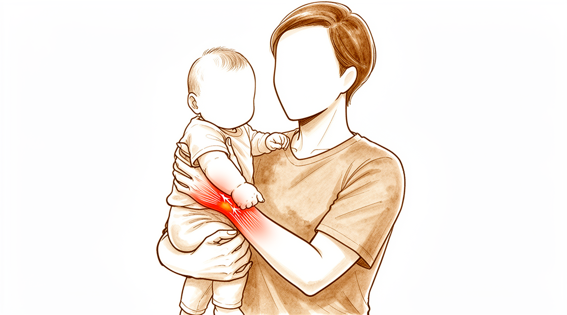 A hand-drawn illustration of a faceless parent lifting a baby, pain on the thumb side of the wrist.