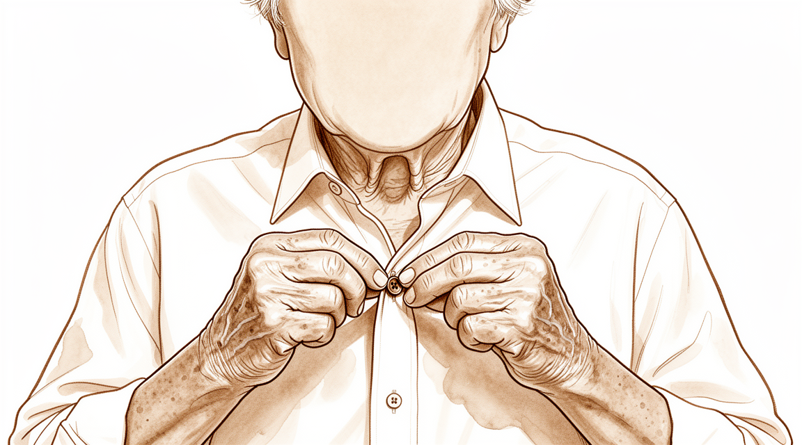 A hand-drawn illustration of a faceless older person struggling to do up a small shirt button with stiff sore fingertips.