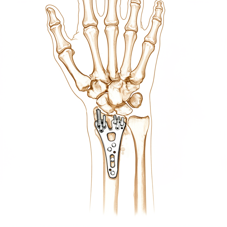 Illustration of the wrist bones with a metal plate and screws fixing the radius.