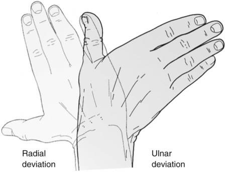 Hand on a flat surface moving side to side towards the thumb and the little finger.