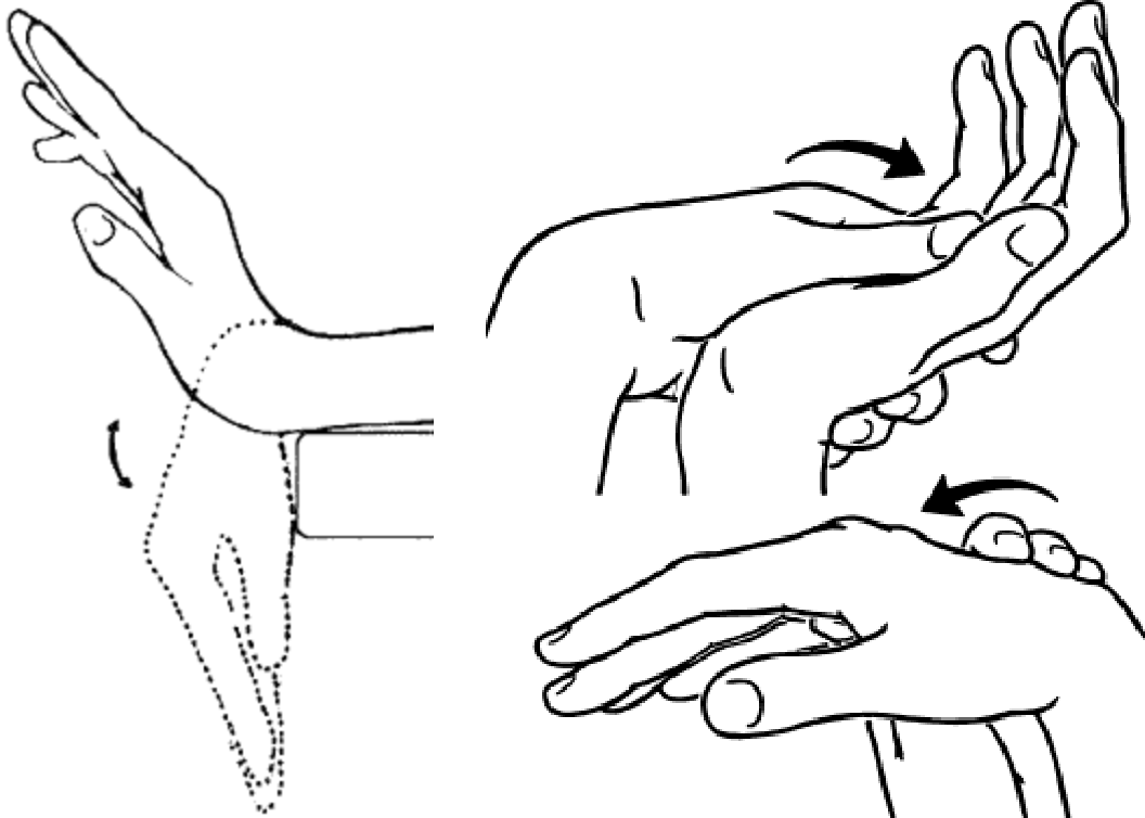 Wrist resting over the edge of a surface rocking up and down, and the other hand pushing the wrist back and forth.