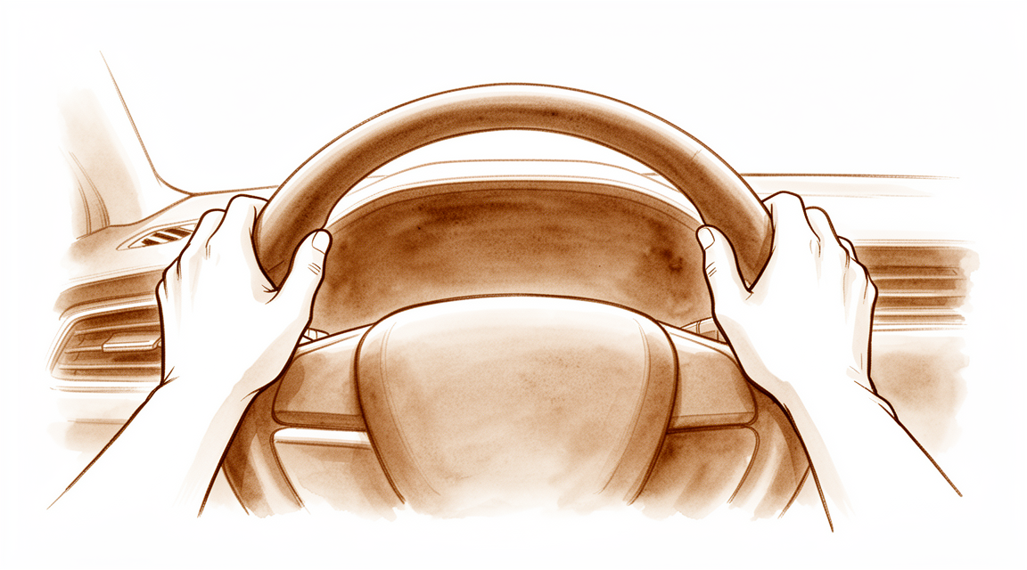 A hand-drawn illustration of two hands resting on a car steering wheel.