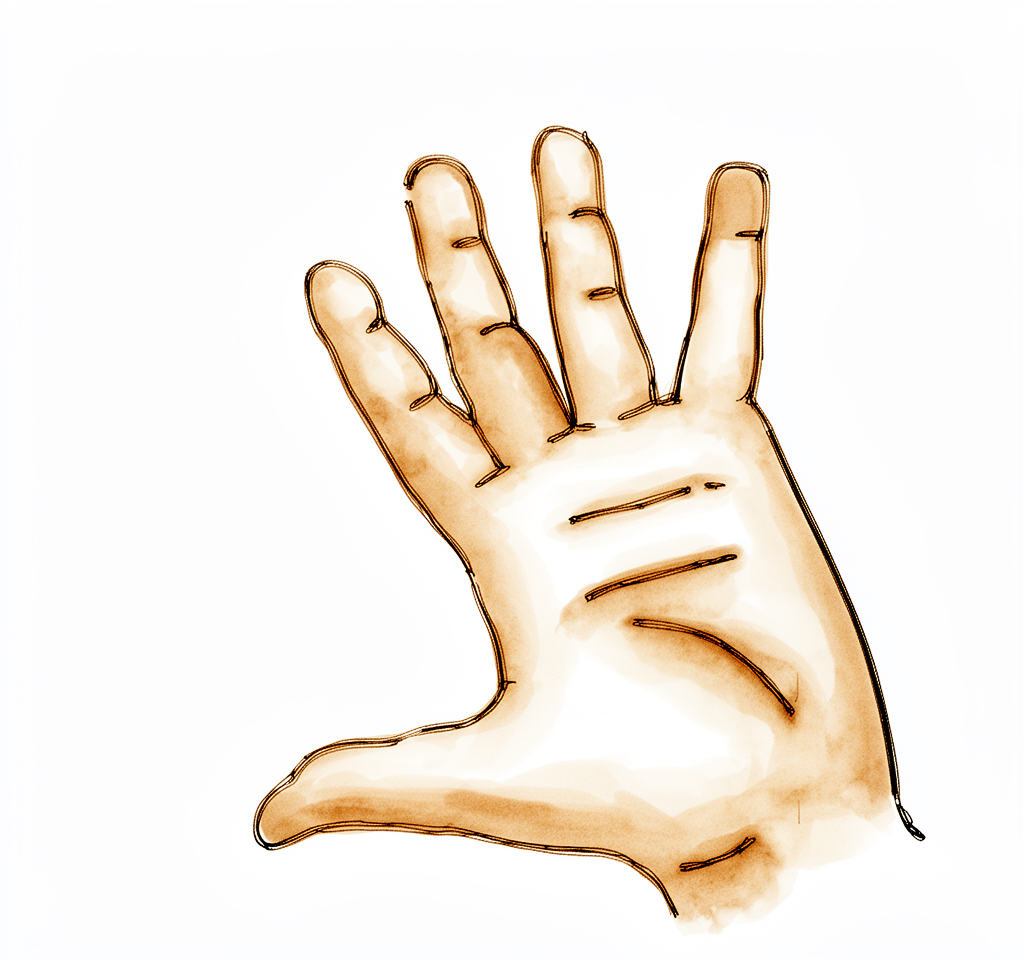 With the wrist straight, the fingers straightened and spread apart.