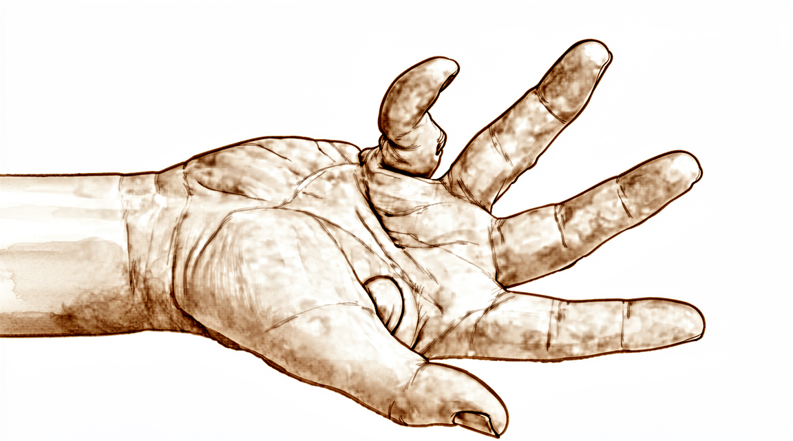 A hand-drawn illustration of a palm-up hand with the ring finger bent down and drawn toward the palm by Dupuytren's disease.