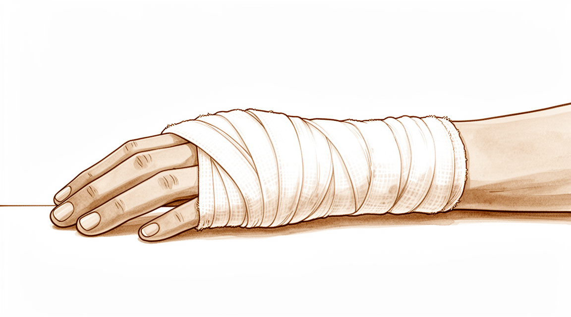 A hand-drawn illustration of a hand resting after surgery, the palm wrapped in a soft surgical dressing with the fingers lying straight.