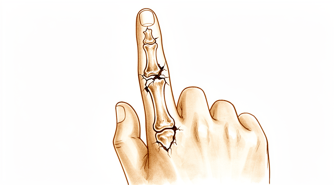 A hand-drawn illustration of a fractured finger bone.