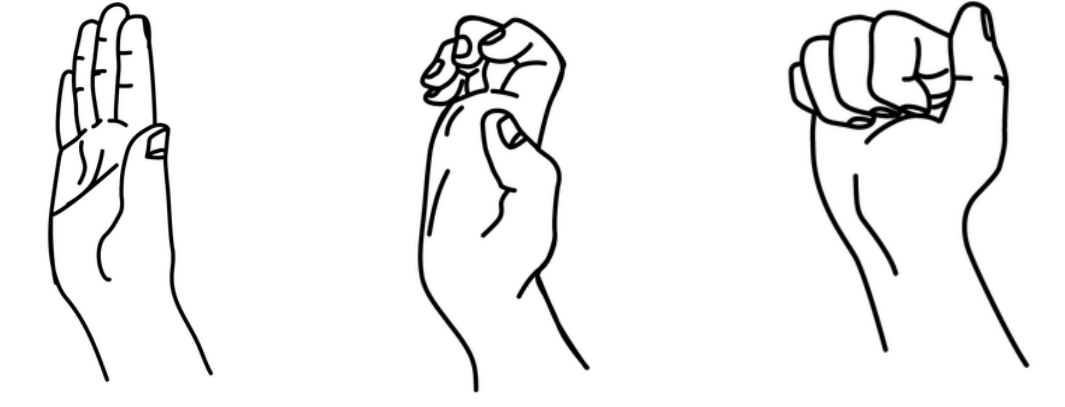 Three positions: fingers fully straight, hook position with fingertips bent, then a tight fist.