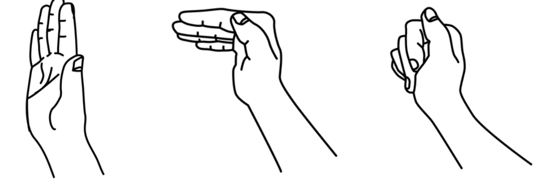 Three positions: fingers fully straight, tabletop position bending at the bottom knuckles, then fingertips bent to the palm.