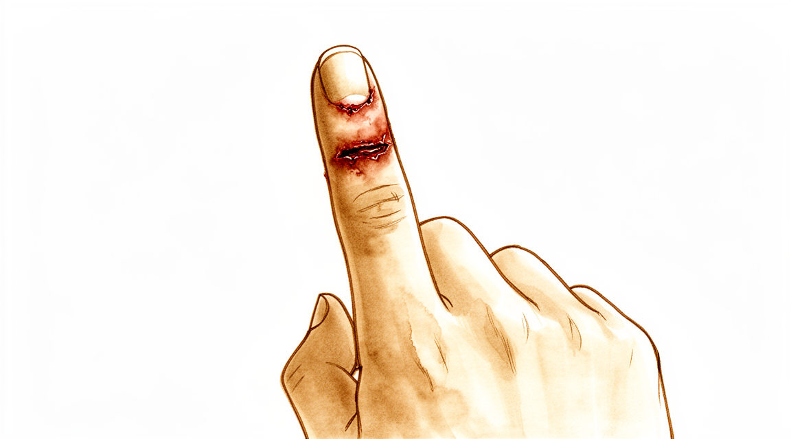 A hand-drawn illustration of an injured fingertip.