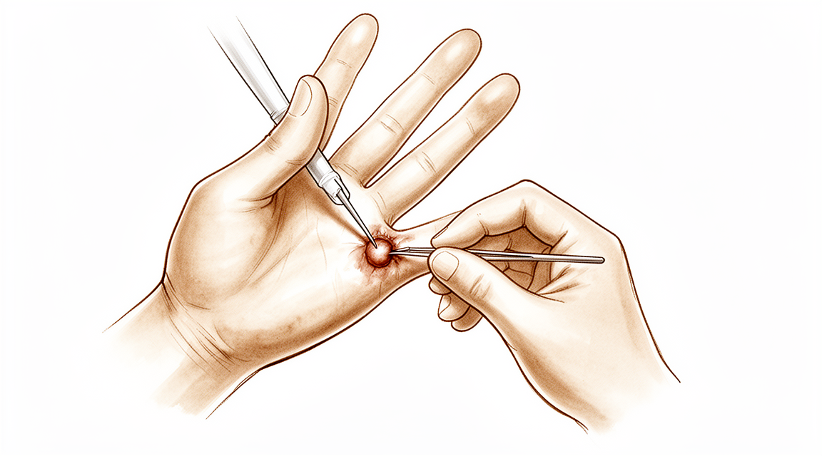 A hand-drawn illustration of a small firm lump at the base of a finger.