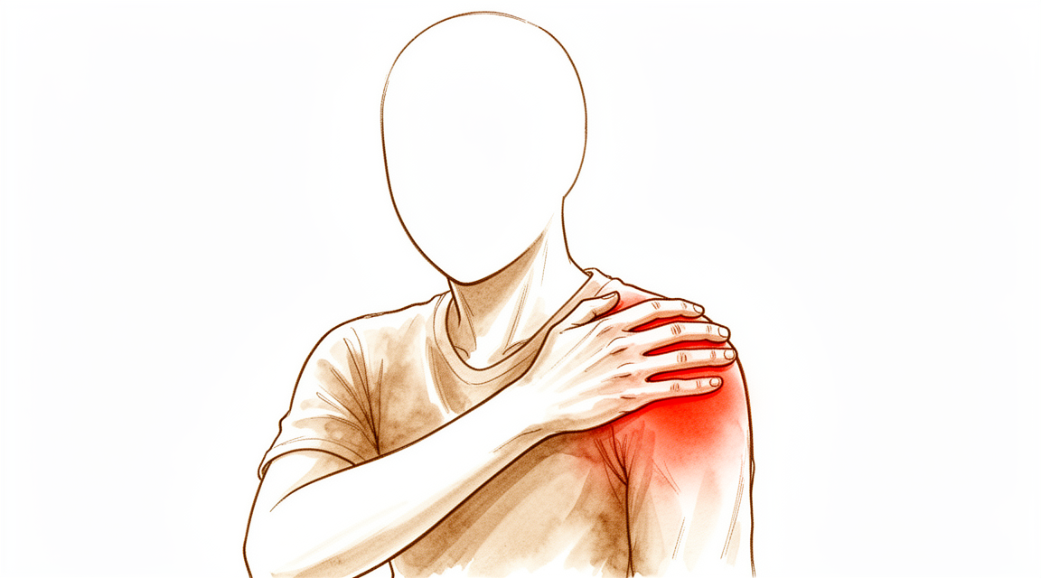 A hand-drawn illustration of a faceless person holding a stiff painful shoulder with limited reach.