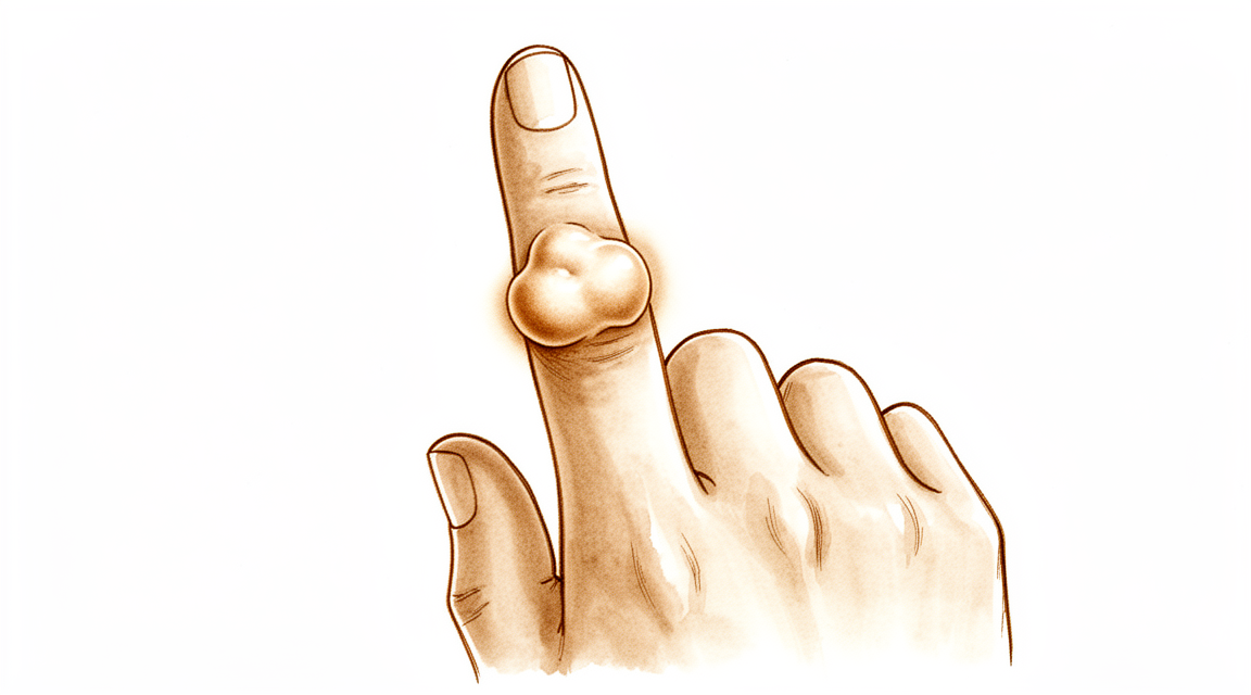 A hand-drawn illustration of a benign soft lump on the side of a finger.