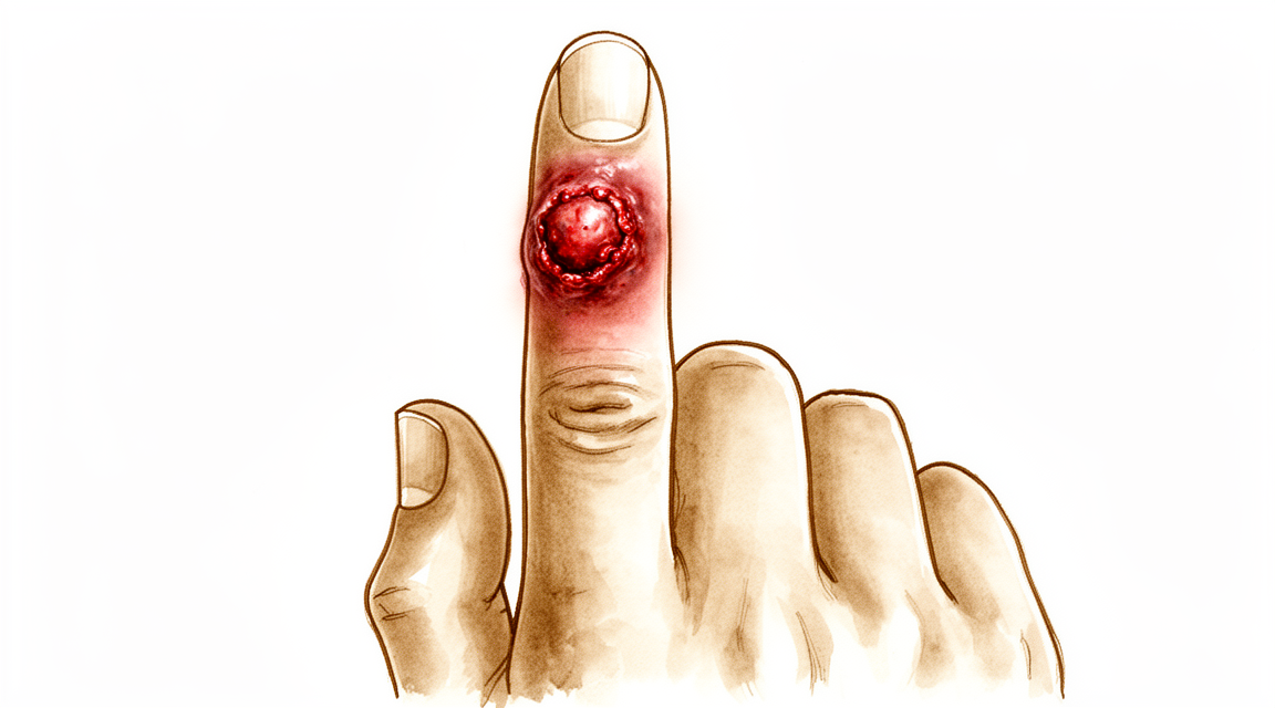 A hand-drawn illustration of a swollen red infected finger.