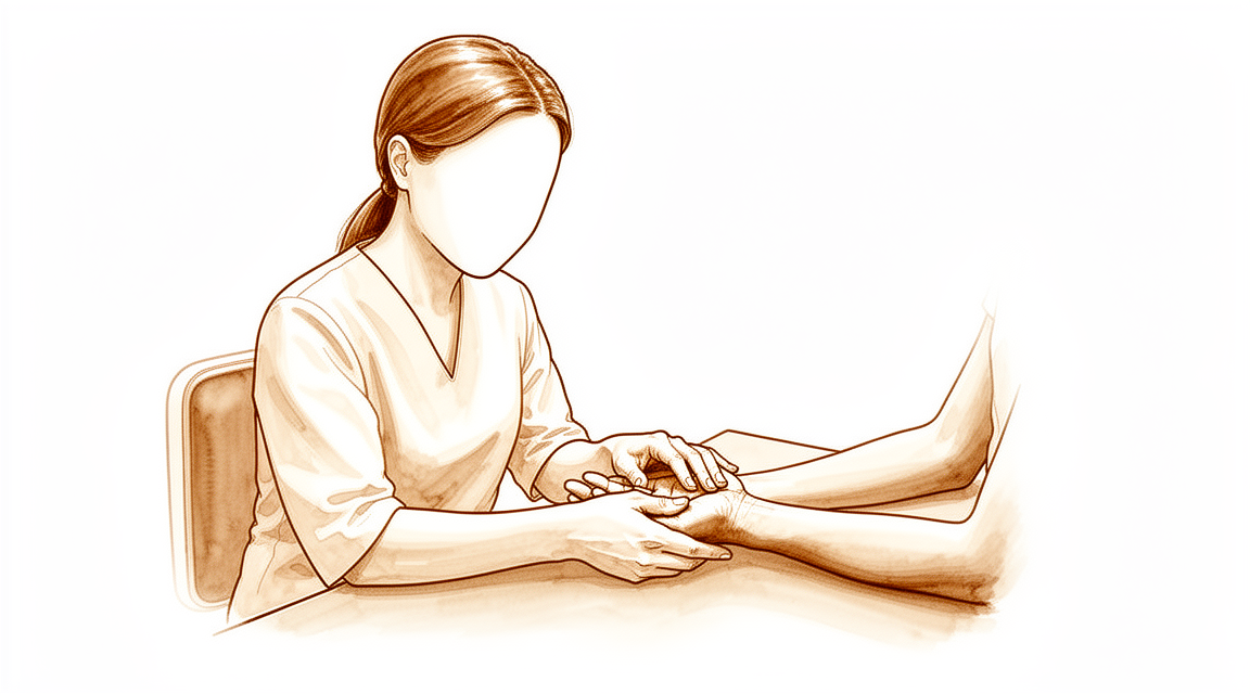 A hand-drawn illustration of a hand therapist working a patient's hand on a table.