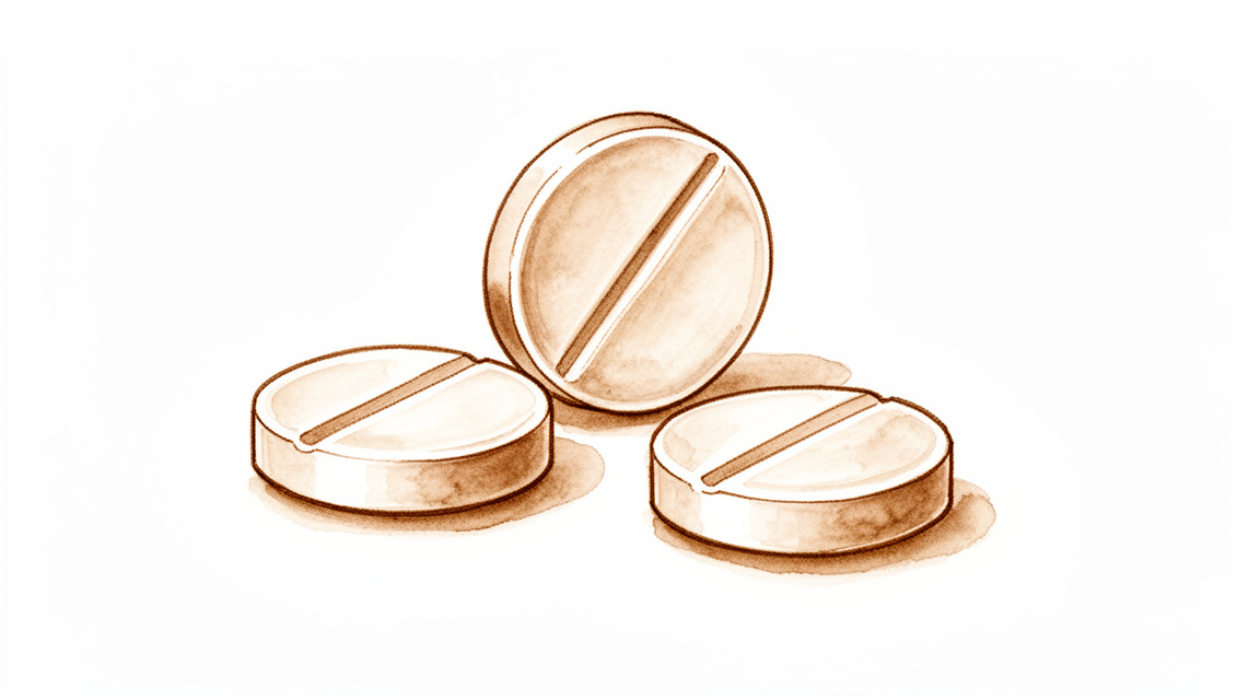 A hand-drawn illustration of pain-relief tablets.