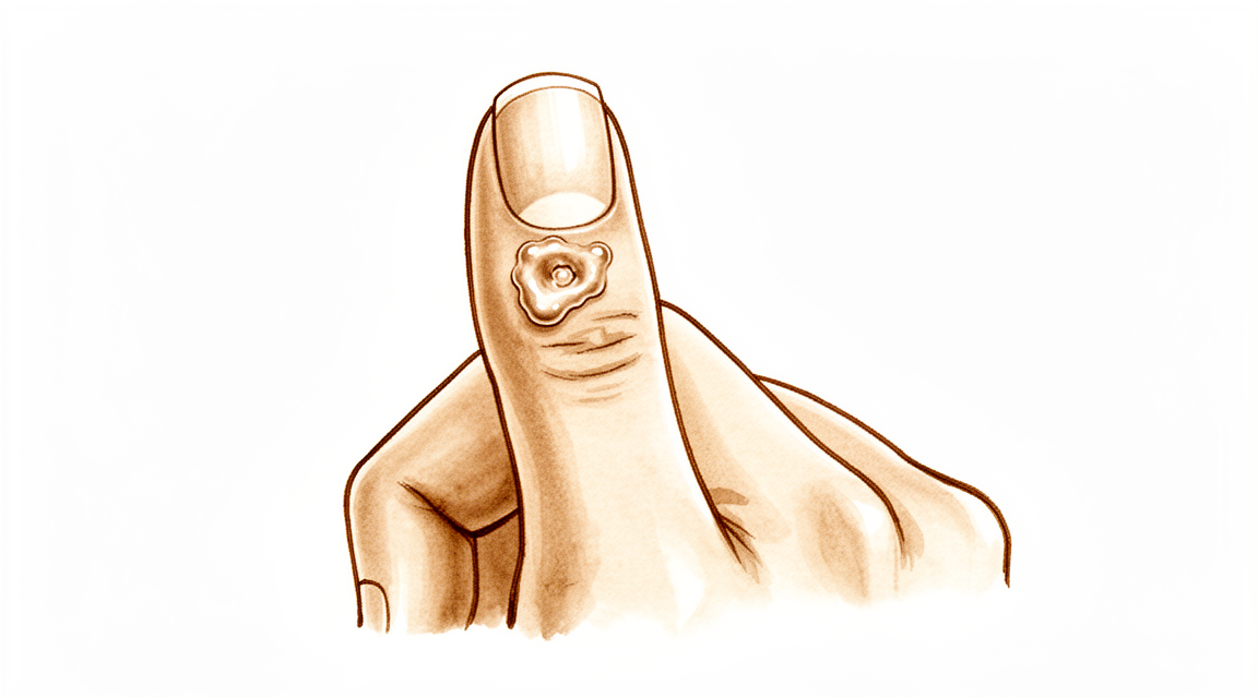 A hand-drawn illustration of a small cyst at the end-finger joint near the nail.