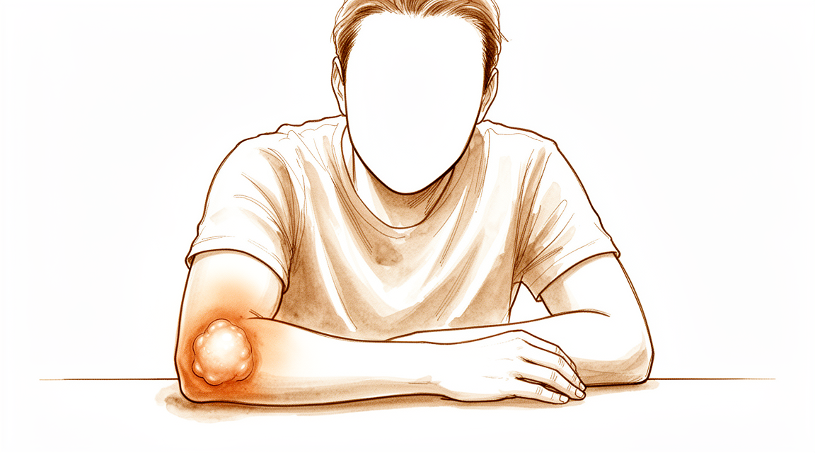 A hand-drawn illustration of a faceless person resting a bent elbow on a table with a swollen soft lump at the tip of the elbow.