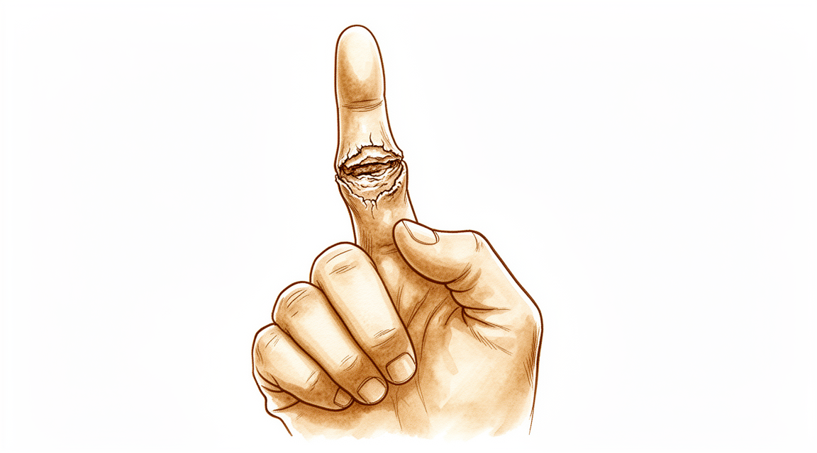 Illustration of a finger showing the middle (PIP) joint fused solid in a slightly bent position, with the knuckle (MCP) and fingertip (DIP) joints still free to move.