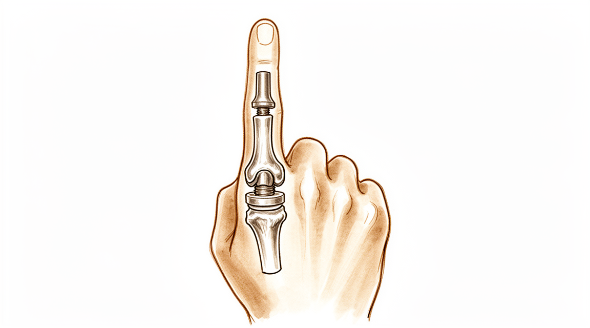 Illustration of a finger's middle (PIP) joint resurfaced with a flexible silicone spacer that acts as a hinge between the two bones.