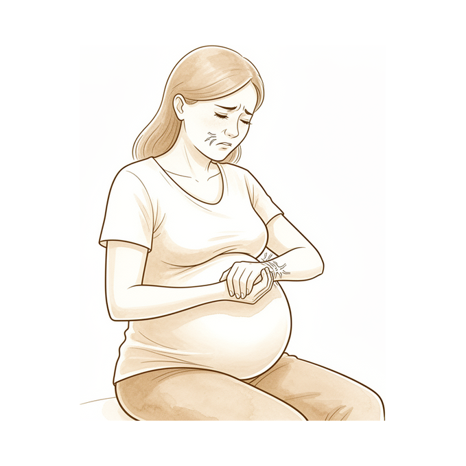 A pregnant woman holding her wrist.