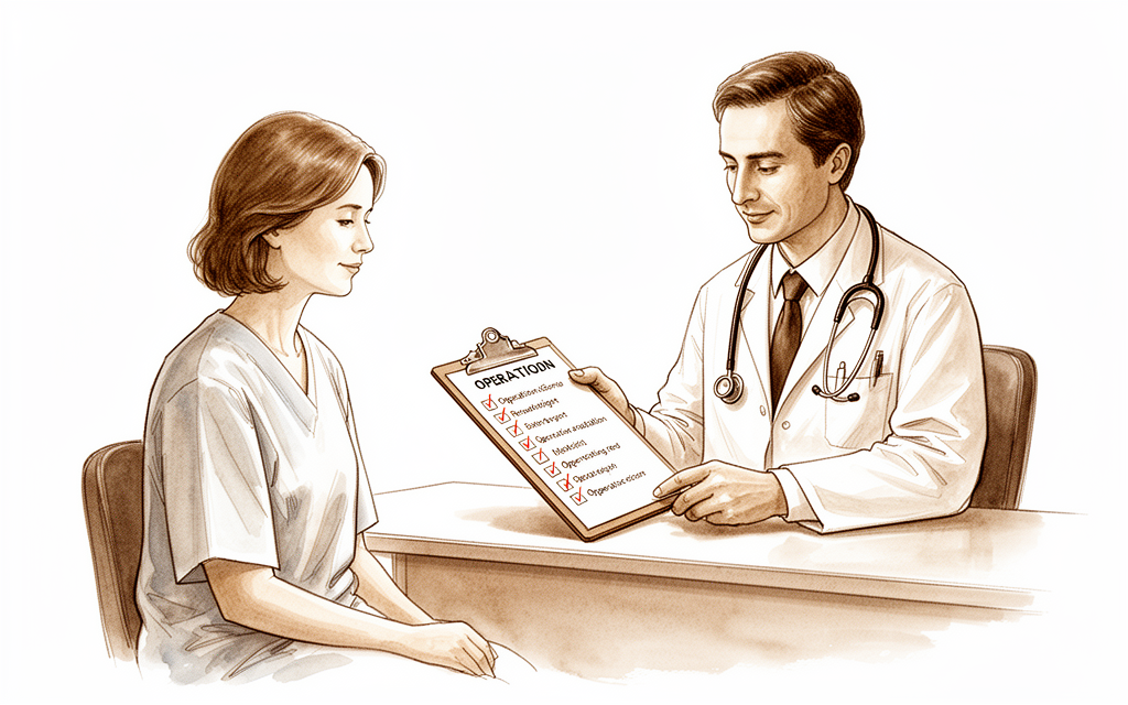 Illustration of a patient going through a checklist with a surgeon before an operation.