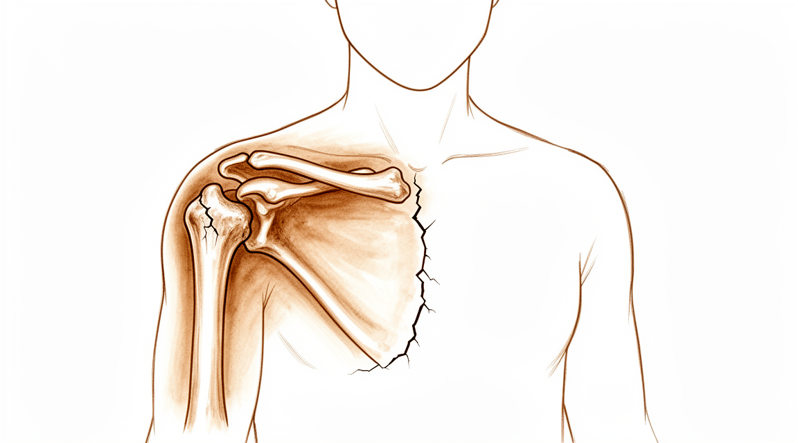 A hand-drawn illustration of a fractured upper arm bone just below the shoulder.