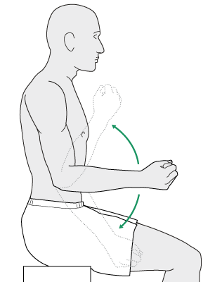 Seated figure straightening the elbow down, then bending the hand up towards the shoulder.