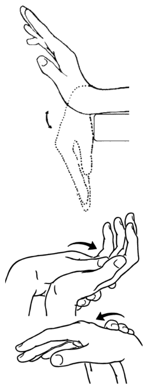 Wrist rocking back and forth over the edge of a table, then the other hand pushing the wrist backwards and forwards.