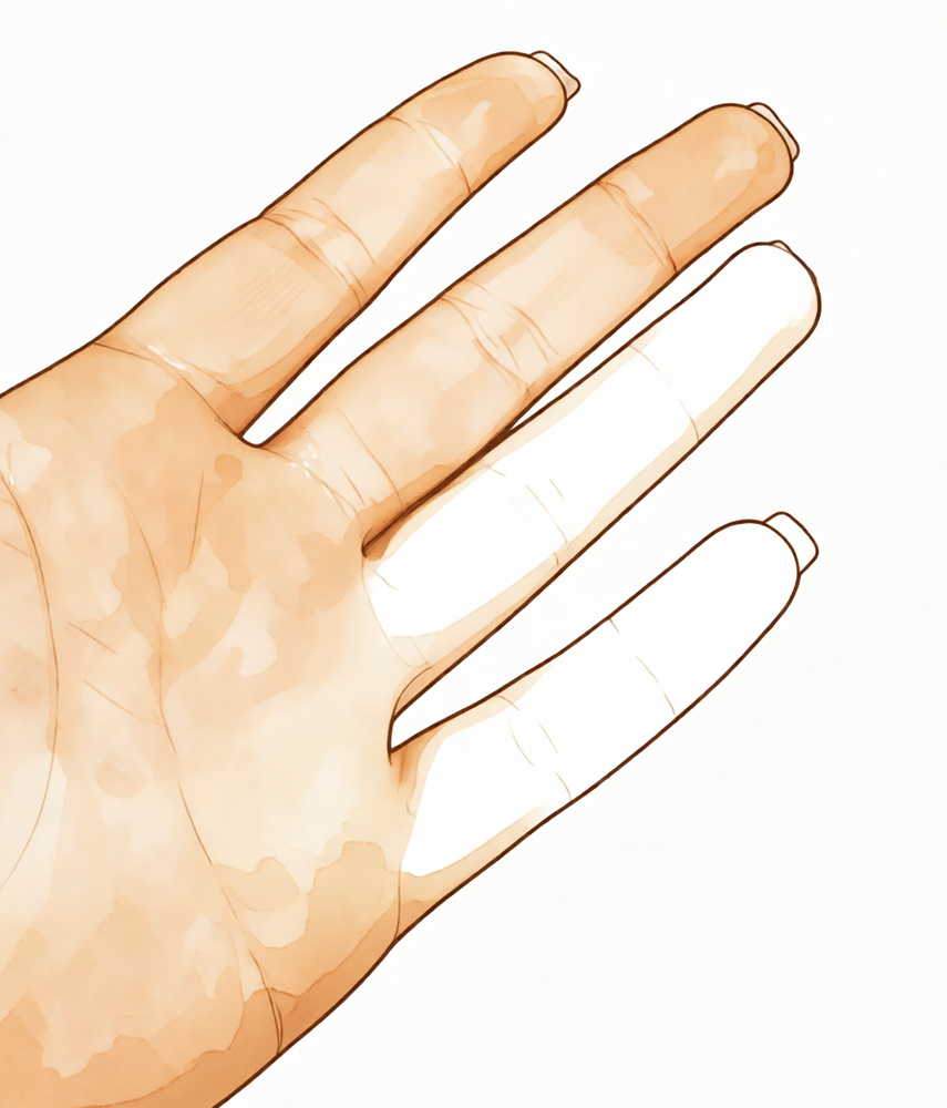 A hand with some fingers blanched pale during a Raynaud's attack.