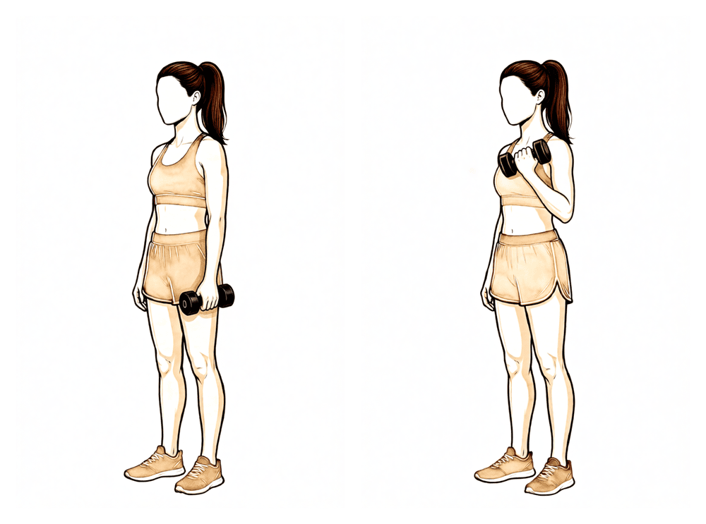 Bending the elbow to curl a light weight, upper arm at the side.