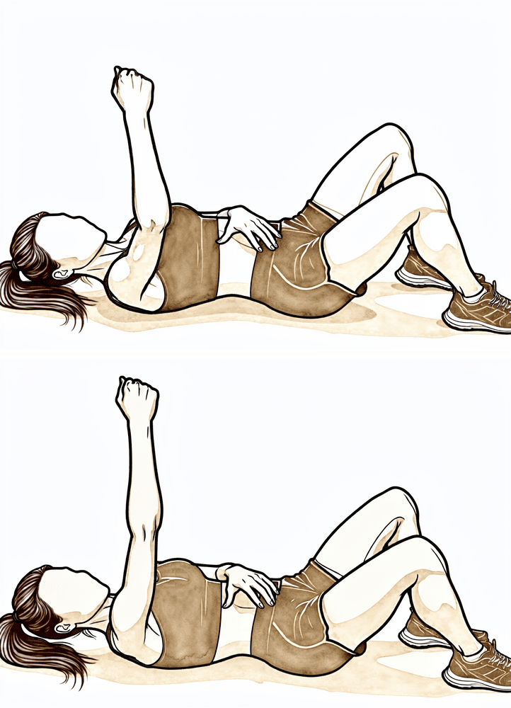 Lying on the back, reaching the arm straight up towards the ceiling as if punching.