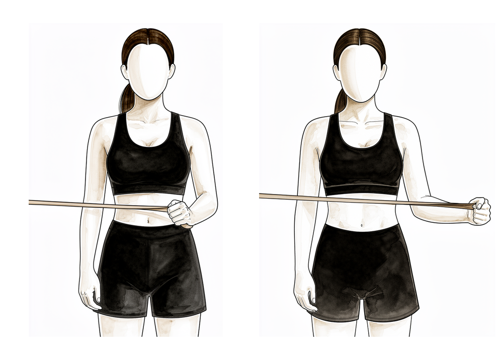 Band external rotation with the elbow bent and tucked at the side.
