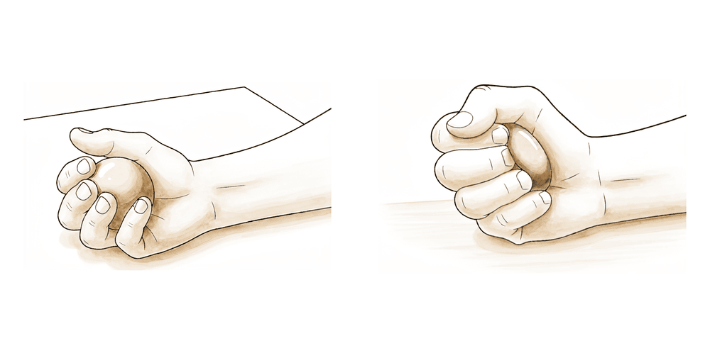Hand squeezing a soft ball or putty.