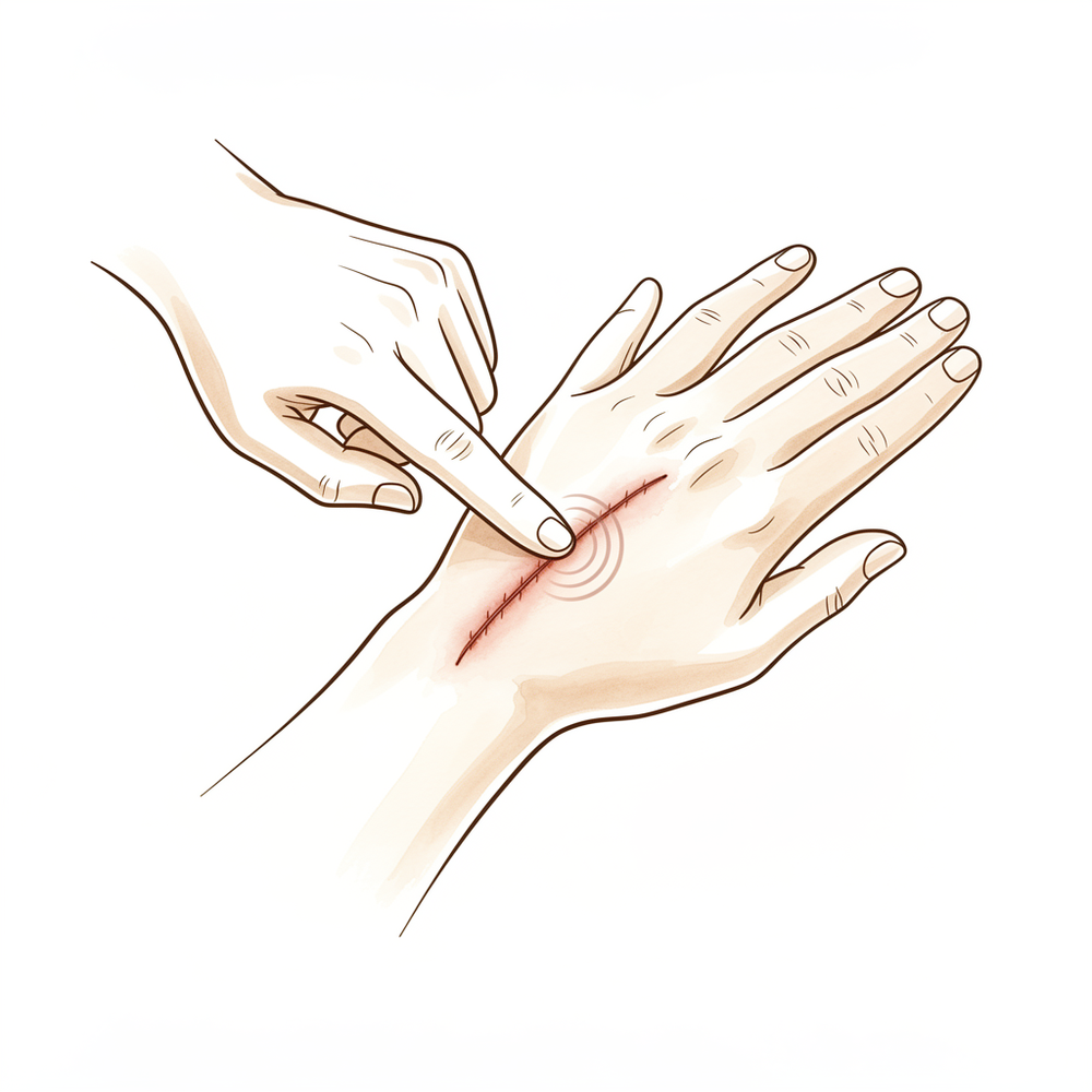 Massaging the healed scar over the back and ulnar side of the wrist with a small amount of moisturiser.
