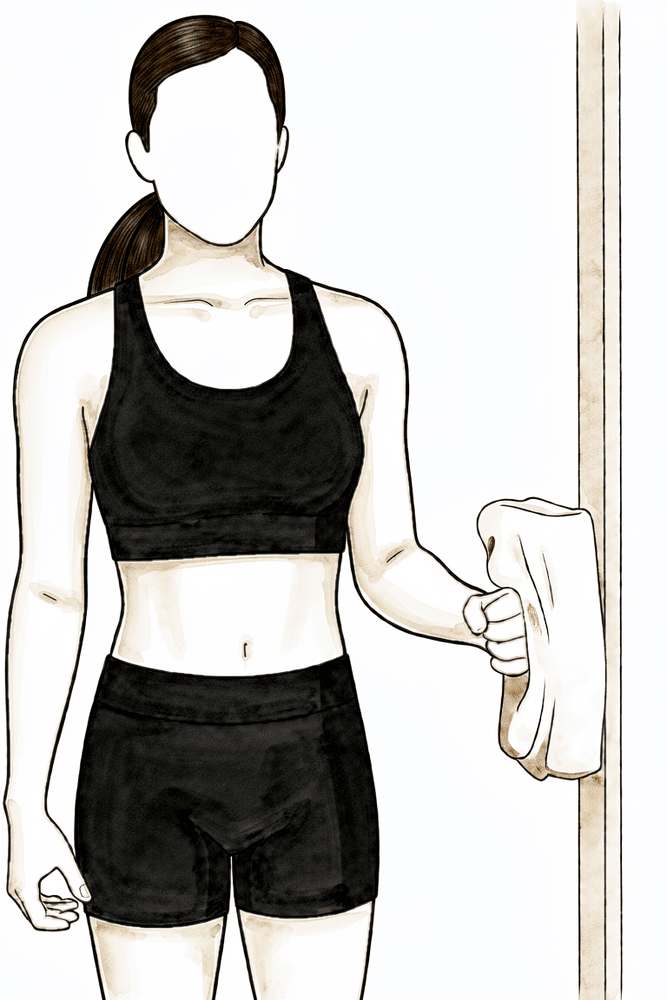 Standing with the elbow at the side, the back of the hand presses gently outward against a wall without the arm moving.