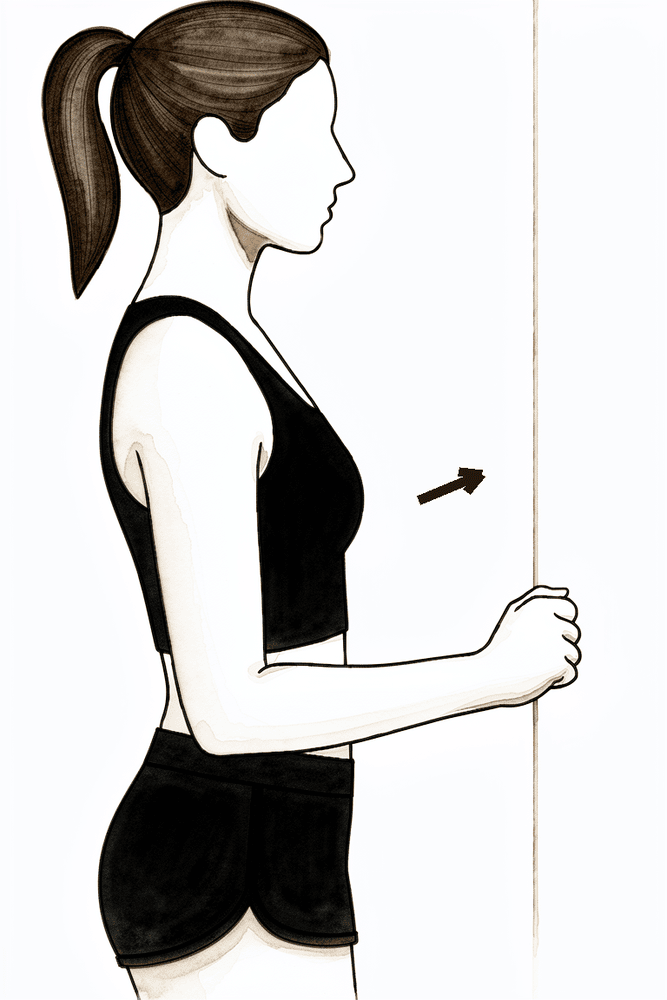 Pressing into the hand to tense the biceps without the elbow moving.