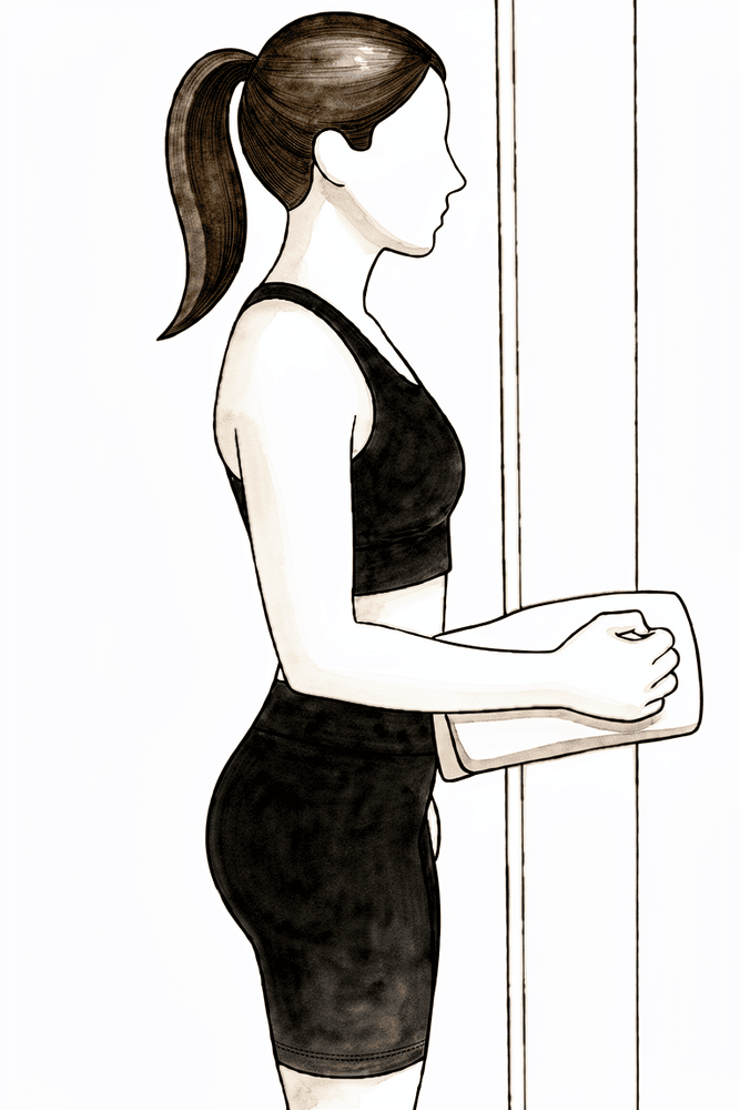Standing with the elbow at the side, the palm presses gently inward against a wall without the arm moving.