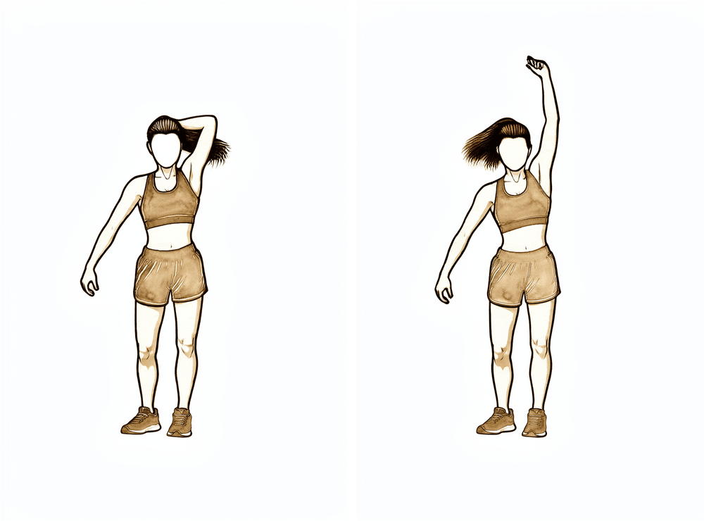 Raising the arm overhead and gently pushing the elbow into a straighter position to stretch the back of the arm.