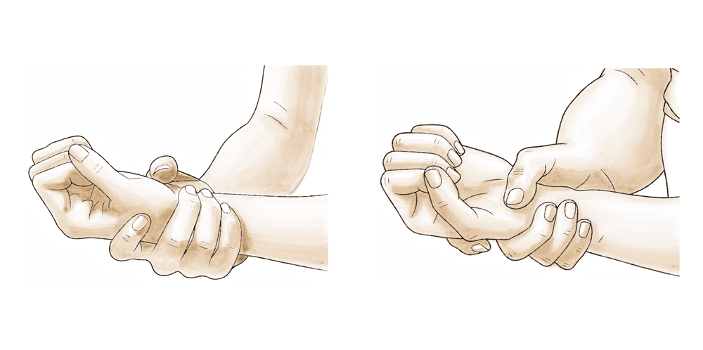 Forearm rotated palm-down while the other hand gently turns it further to stretch the rotating muscles of the forearm.