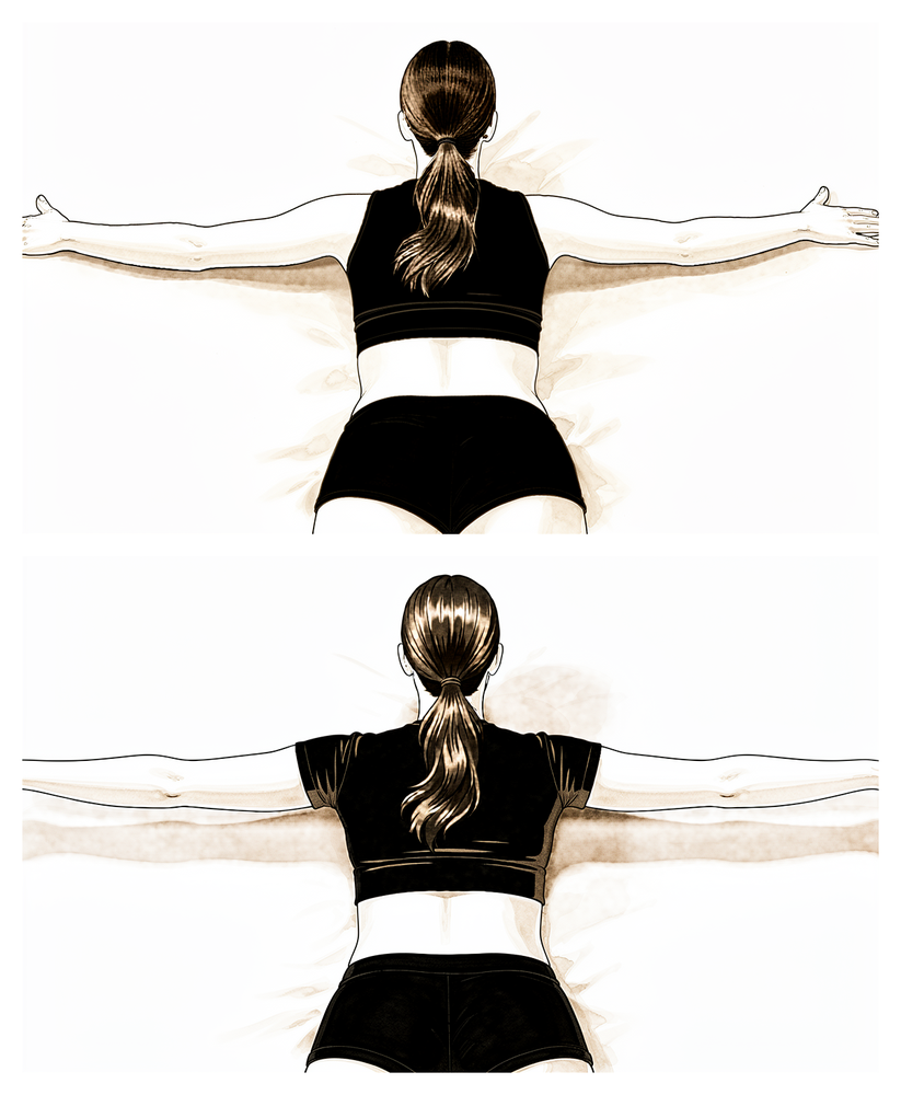 Lying face down, raising both arms out to the sides into a T shape.